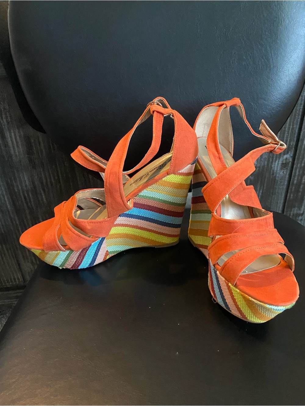 Orange Strappy Wedge Sandals with Multicolor Stripe Platform